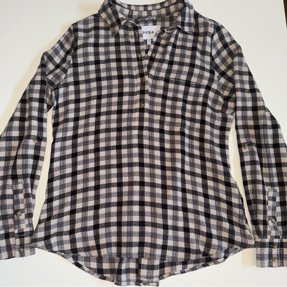 Pistola Check Plaid Popover Button Down Top Blouse Size Small Black Cream